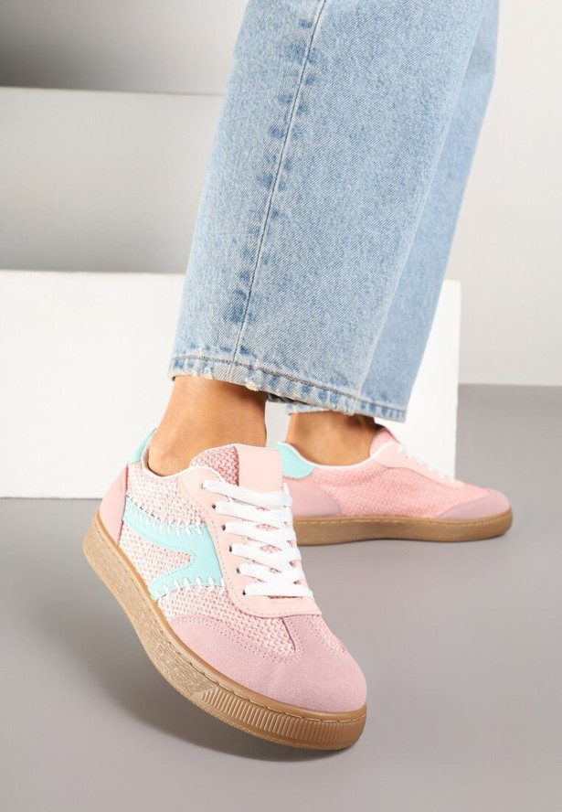 Różowe Sneakersy w Stylu Klasycznych Tenisówek Zdobione Przeszyciami i Tweedem Koriznne