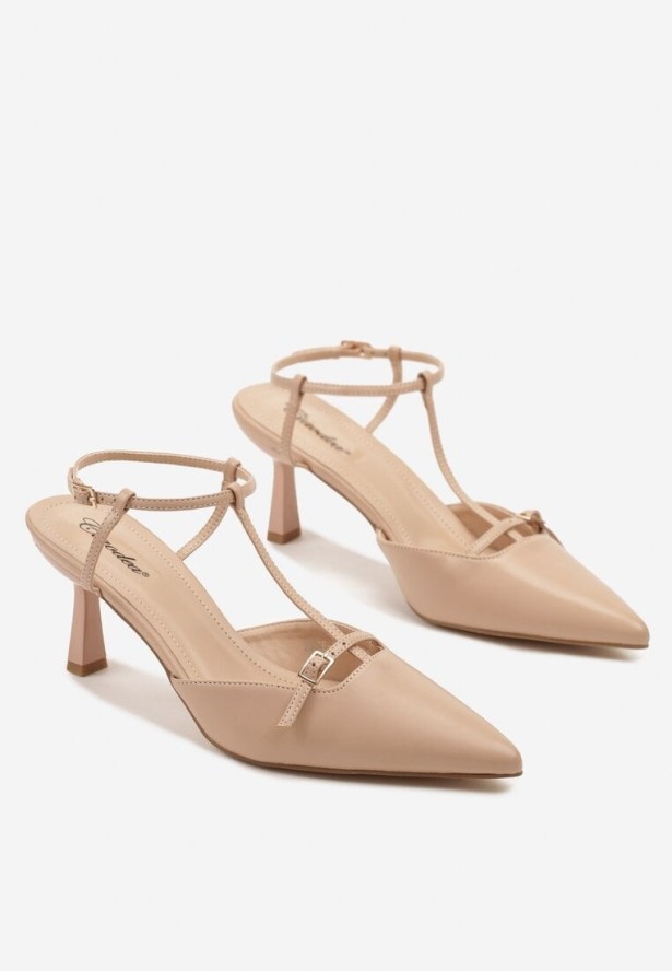 Beżowe Sandały Typu Slingback Ozdobione Paskiem Nilavin