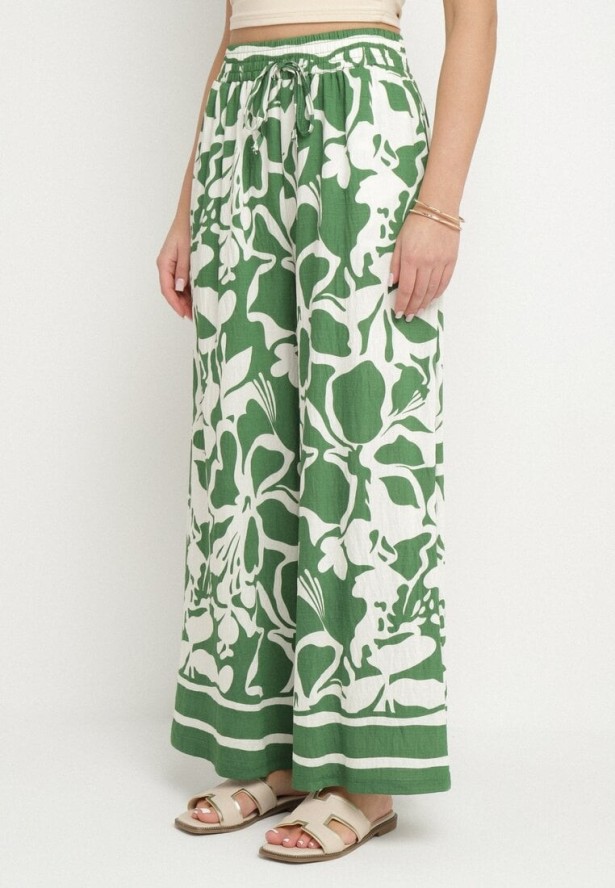 Zielone Szerokie Spodnie z Wysokim Stanem w Kwiatowy Wzór Tolirida
