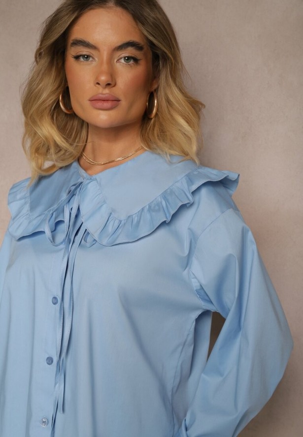 Niebieska Koszula z Bawełny w Stylu Retro z Wiązaniem i Kołnierzykiem z Falbankami Firsela