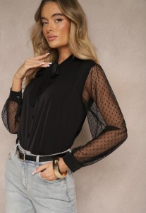 Czarna Koszula Ozdobiona Wiązaniem i Transparentnymi Rękawami Aennora