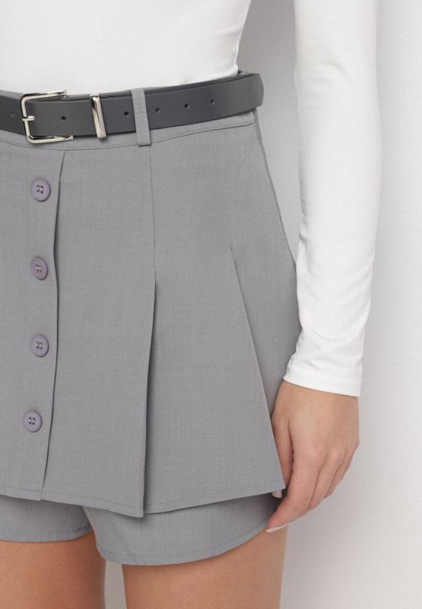 Szare Wiskozowe Spódnico-Szorty Ozdobione Guzikami i Paskiem Sanioris