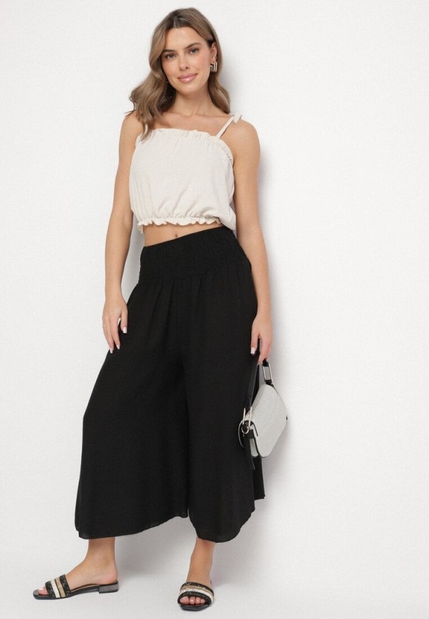 Czarne Szerokie Spodnie Typu Kuloty Ozdobione Marszczeniem Fenalida