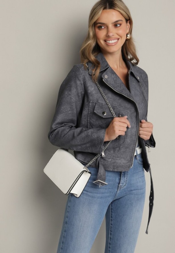 Szara Kurtka Ramoneska z Kieszeniami i Paskiem z Klamrą Polvila