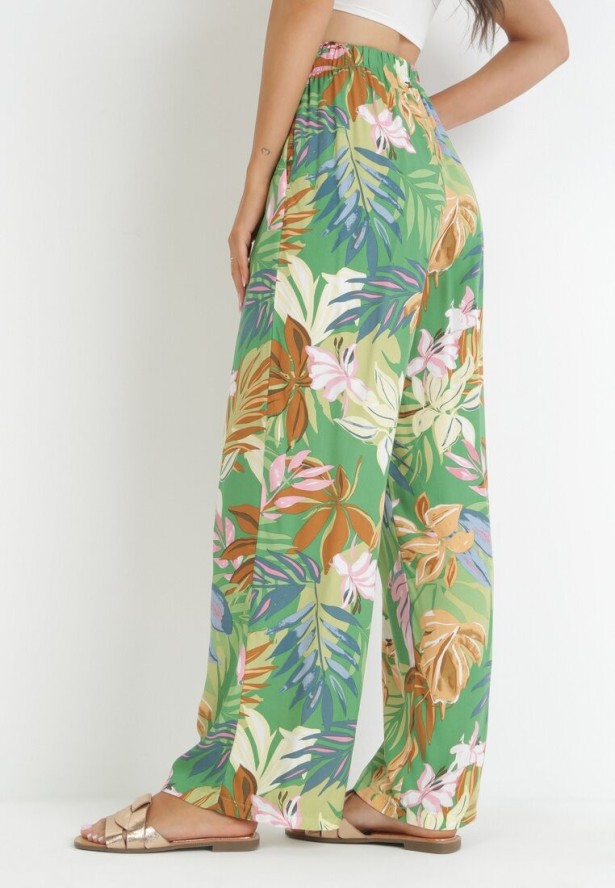 Zielone Szerokie Spodnie z Wiskozy w Kwiaty Naomie