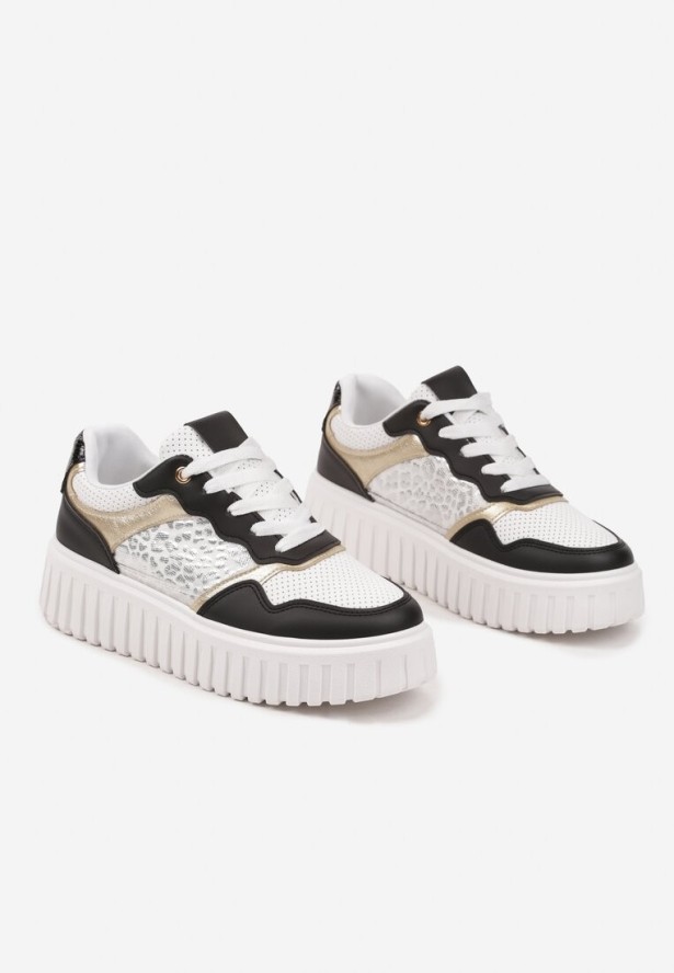 Czarno-Białe Sneakersy na Platformie z Tłoczeniami Zdobione Panterkowym Printem Herraza