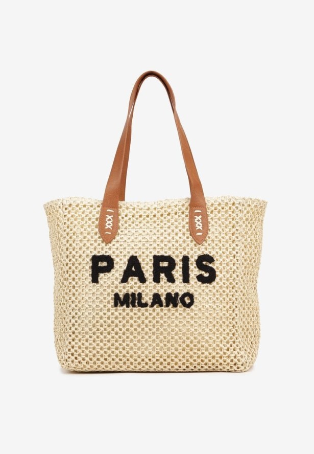 Beżowa Torebka Shopperka z Plecionki z Napisem Navario