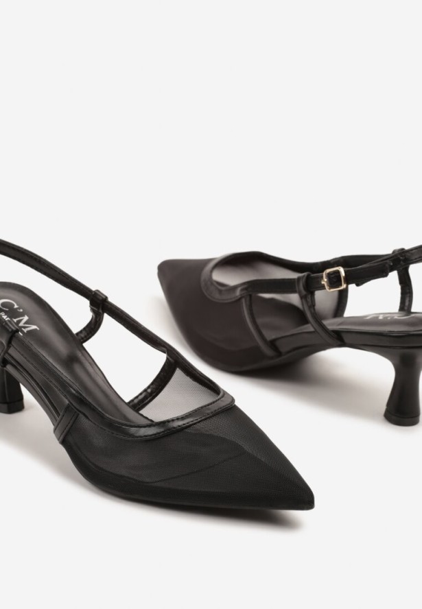 Czarne Siateczkowe Sandały Slingback na Niskim Obcasie Syltewi
