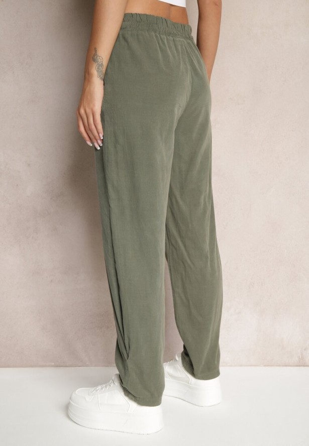 Ciemnozielone Spodnie z Bawełny High Waist Galili