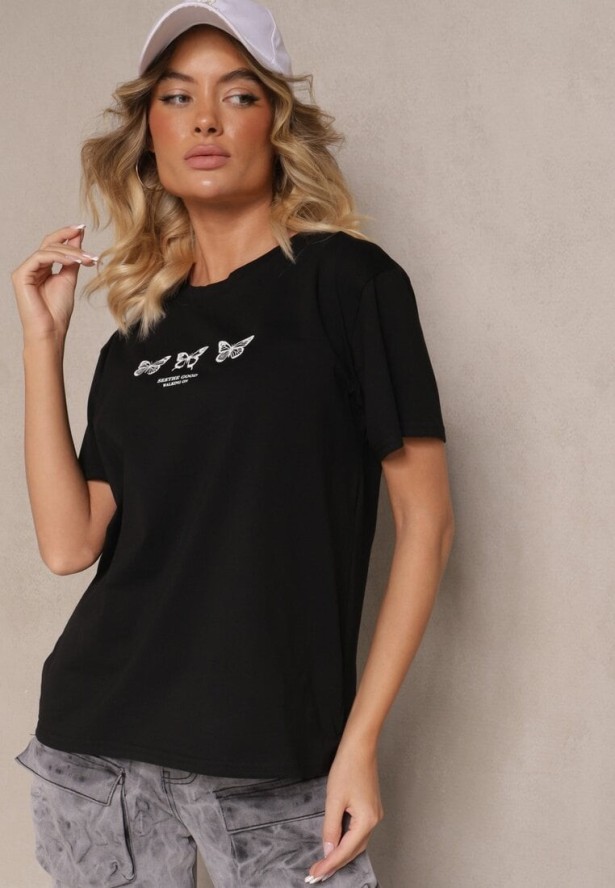 Czarna Bawełniana Bluzka T-shirt Oversize z Aplikacją w Kształcie Motyli Elmaris