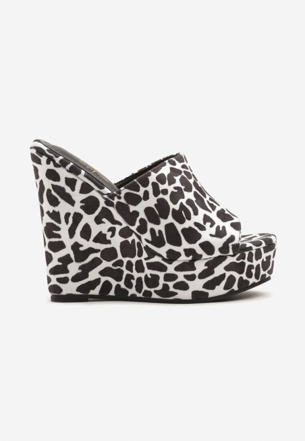 Czarno-Białe Klapki na Platformie i Koturnie Ellinna