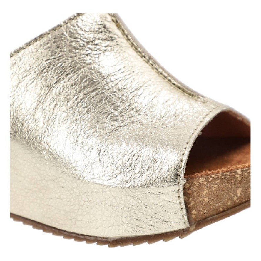 Złote Klapki Simen Wygodne Skórzane Buty Na Koturnie