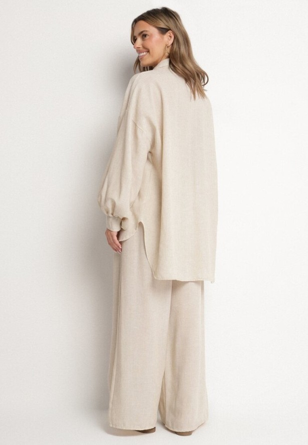 Beżowy Komplet Szerokie Spodnie i Koszula z Bufiastymi Rękawami Stellise
