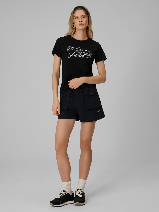 4F T-shirt regular z nadrukiem damski - czarny S