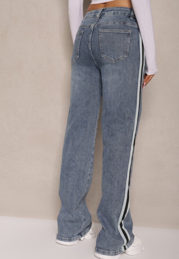 Niebieskie Jeansy High Waist o Szerokim Kroju Zdobione Lampasami Sesandria