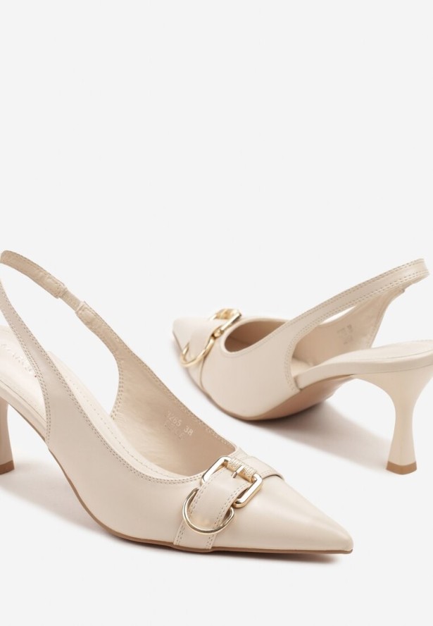 Beżowe Sandały na Szpilce Slingback Ozdobione Metaliczną Klamrą Zeornna