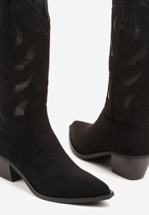 Czarne Botki Kowbojki na Stożkowym Obcasie z Geometrycznym Wzorem Lativia