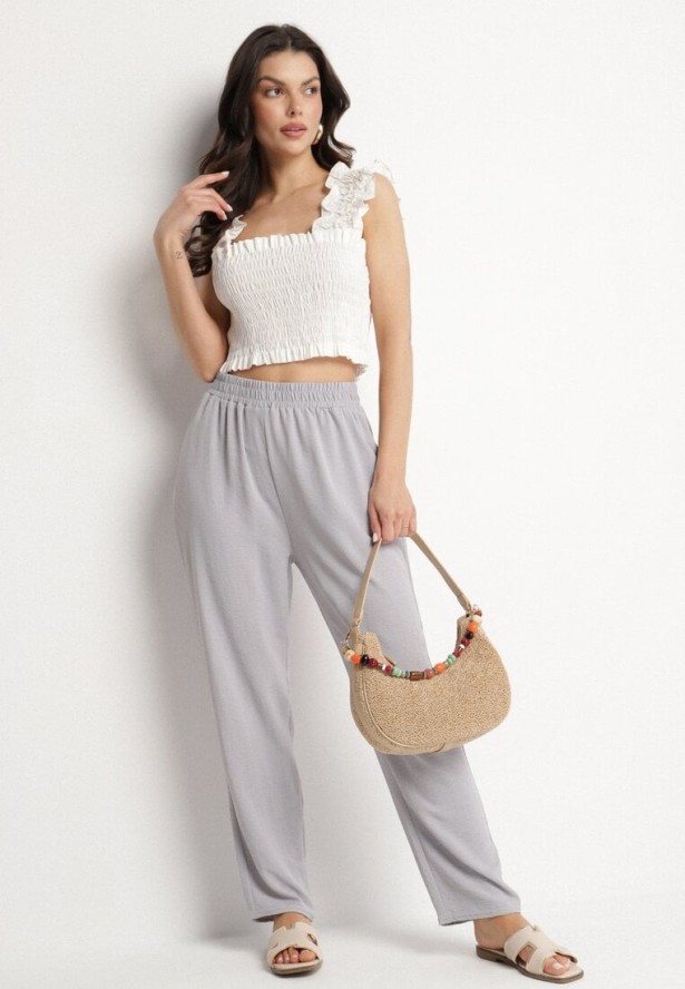 Szare Szerokie Spodnie z Bawełną i Wysokim Stanem Neorenna