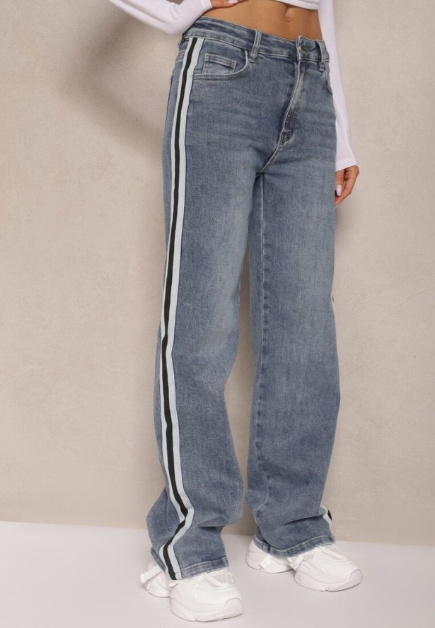 Niebieskie Jeansy High Waist o Szerokim Kroju Zdobione Lampasami Sesandria