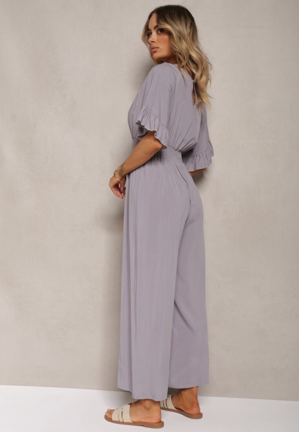 Szary Kombinezon z Bawełny z Gumką w Talii i Dekoltem w Szpic Tesaoona