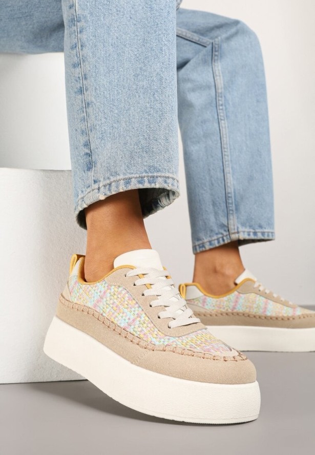 Ciemnobeżowe Sneakersy na Grubej Podeszwie z Plecioną Cholewką Nilavanea