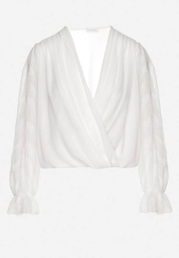 Biała Bluzka z Kopertowym Dekoltem i Metaliczną Nicią Friliene