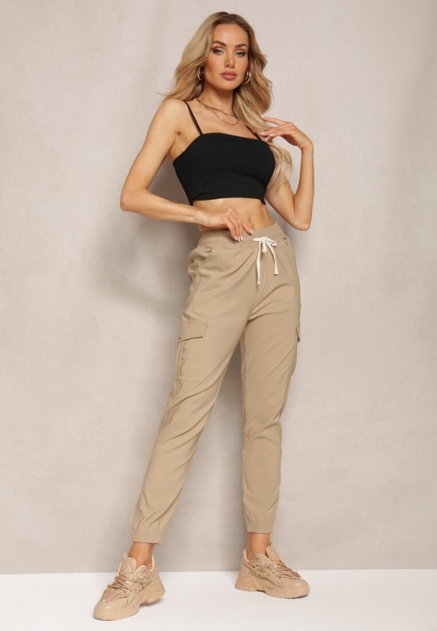 Beżowe Spodnie High Waist o Fasonie Bojówek Istredda