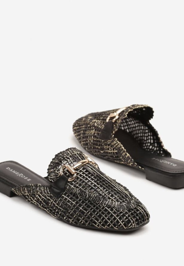 Czarne Tweedowe Klapki Mule z Metaliczną Aplikacją Jolritia