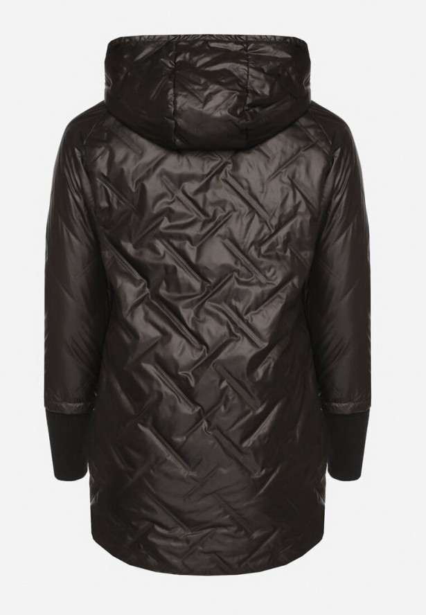 Czarna Kurtka Pikowana z Odpinanym Kapturem z Dłuższym Tyłem Rivselia