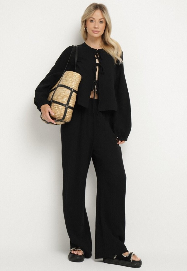 Czarny Bawełniany Komplet Bluzka z Wiązaniem i Spodnie Palionis