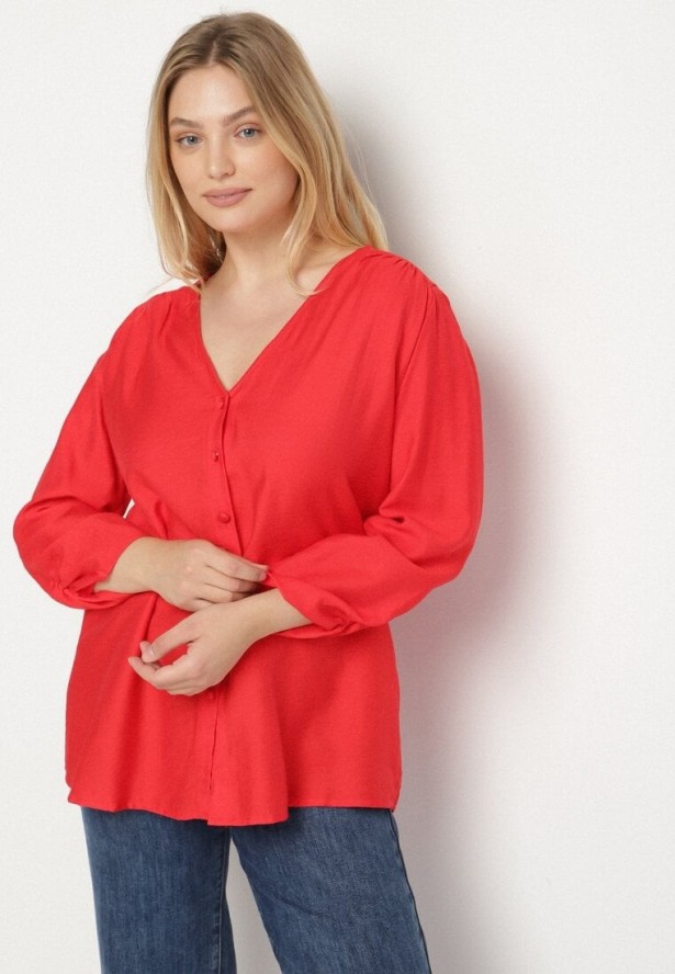 Czerwona Koszula z Wiskozy Ozdobiona Marszczonymi Rękawami i Guzikami Lanorea