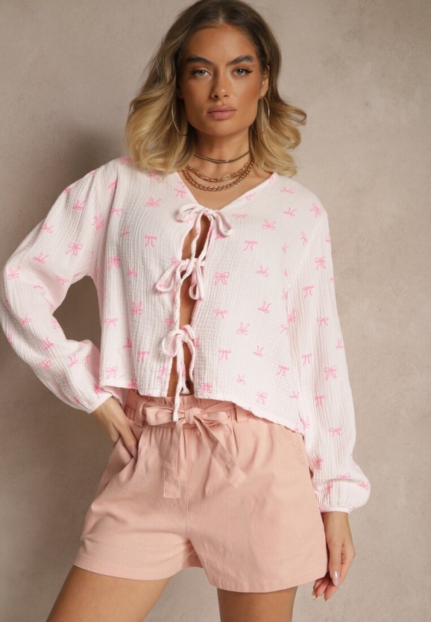 Różowa Bawełniana Bluzka Koszulowa z Długim Rękawem Wiązana z Przodu Liosame