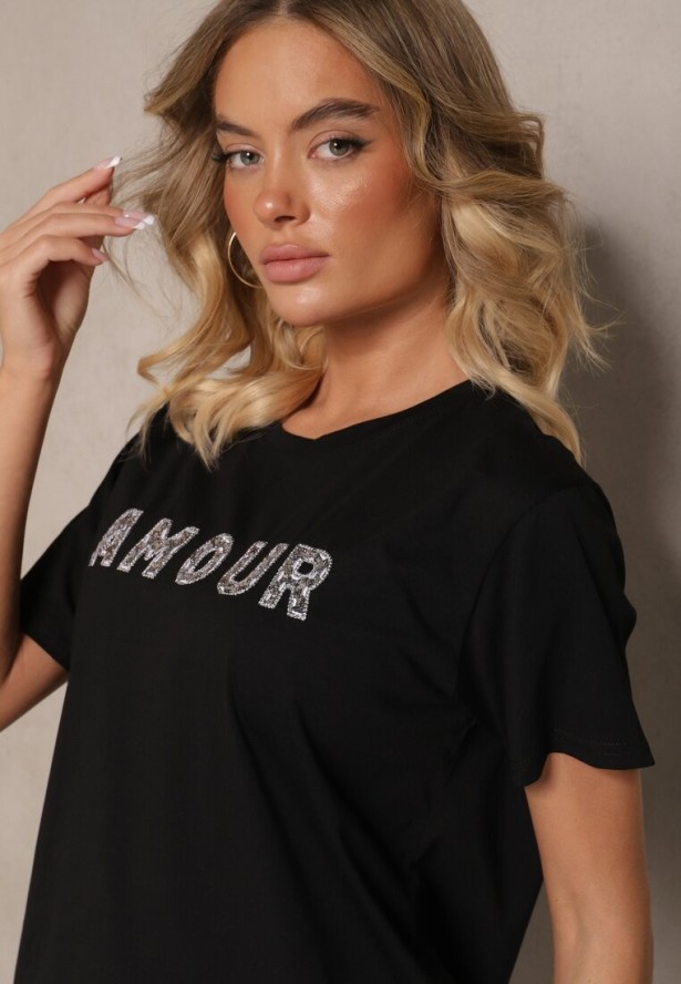 Czarny Bawełniany T-shirt z Napisem z Cekinami Marivinna