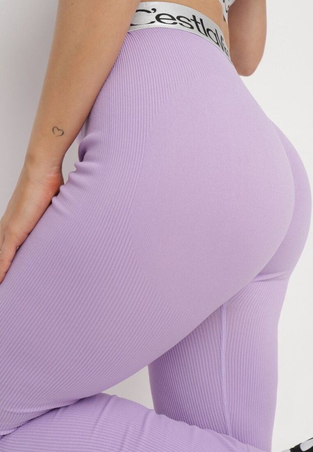 Jasnofioletowe Elastyczne Legginsy z Szeroką Gumą w Pasie Rindama