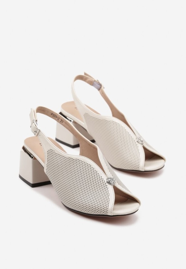 Beżowe Ażurowe Sandały na Słupku z Wkładką ze Skóry Naturalnej Damitte