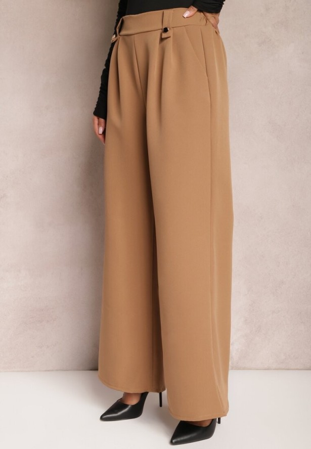 Brązowe Eleganckie Spodnie Dzwony z Ozdobnymi Patkami w Pasie Nattas