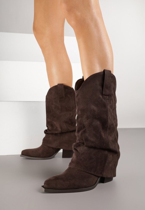 Ciemnobrązowe Botki Kowbojki z Cholewką Imitującą Nogawkę Zellaxie