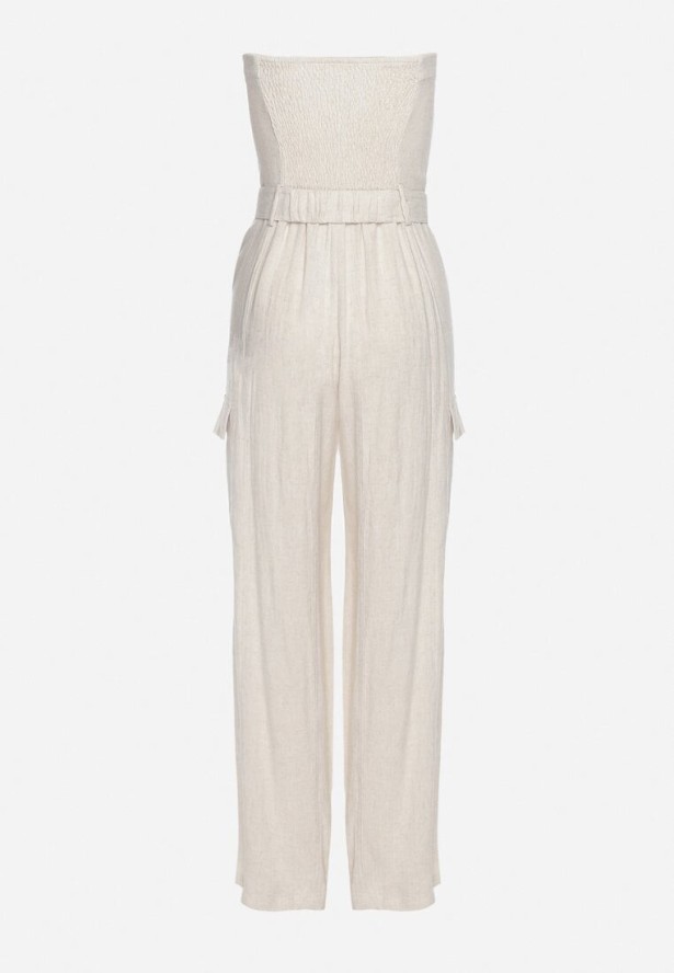 Jasnobeżowy Kombinezon Zwężany w Talii Lnem i Wiskozą Qurefia