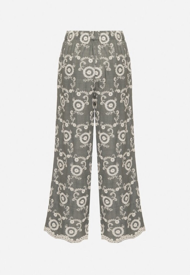 Ciemnozielone Szerokie Spodnie z Wysokim Stanem i Haftem Tulsedi