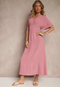 Ciemnoróżowa Sukienka z Bawełną i Marszczoną Górą Filaviela