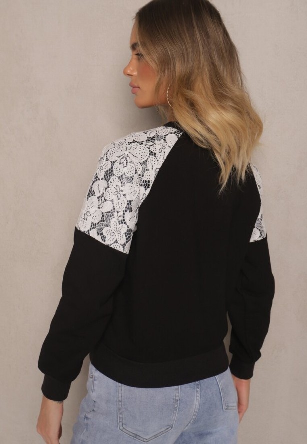 Czarna Bluza z Bawełną z Koronkowymi Wstawkami Xommea