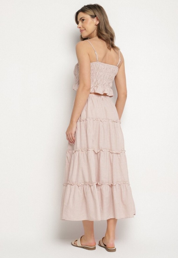 Beżowo-Różowy Bawełniany Komplet w Kratkę Vichy Spódnica i Top Frolira