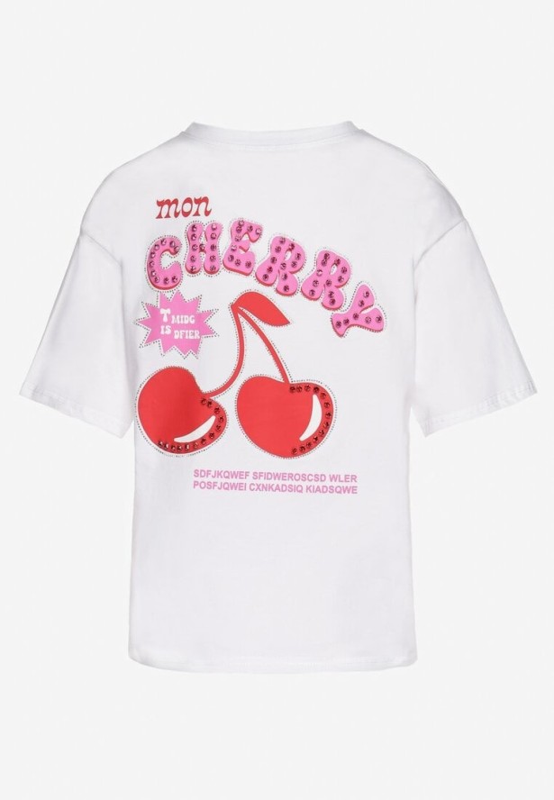 Biały T-shirt z Bawełną Cyrkoniami i Motywem Wiśni Linmira