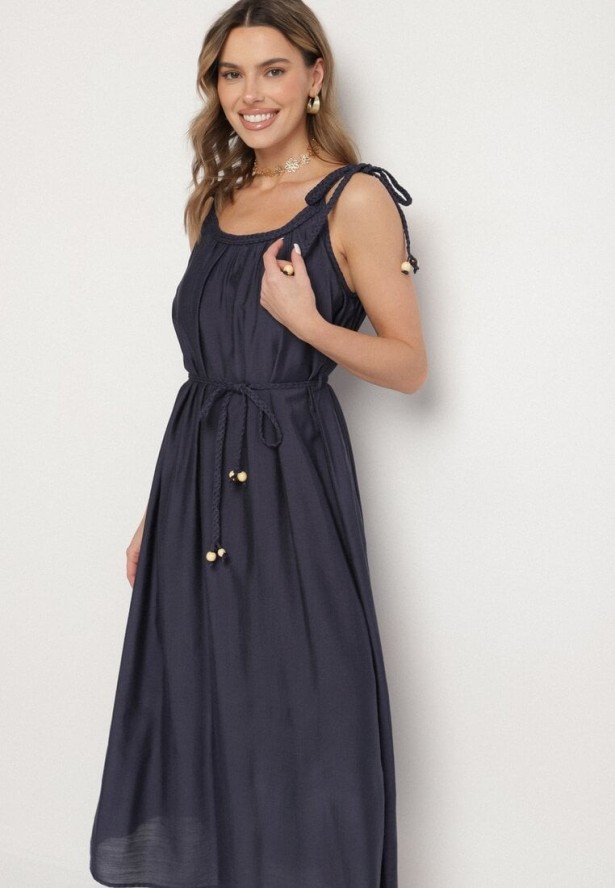 Granatowa Sukienka z Wiskozy na Wiązanych Ramiączkach z Plecionym Paskiem Mirazelia