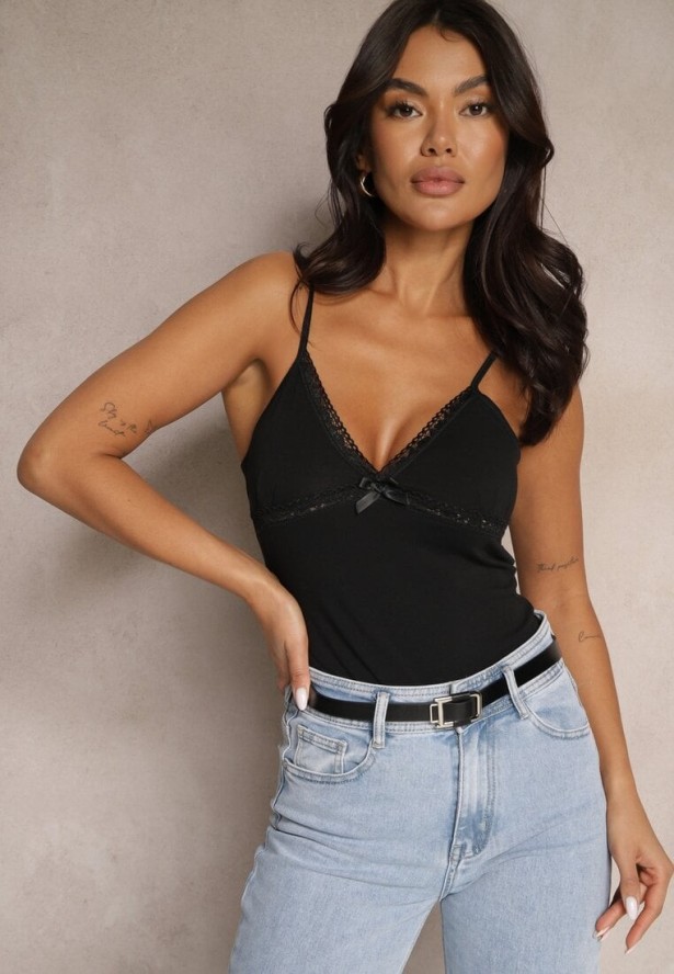 Czarny Top z Bawełny na Regulowanych Ramiączkach Larithra