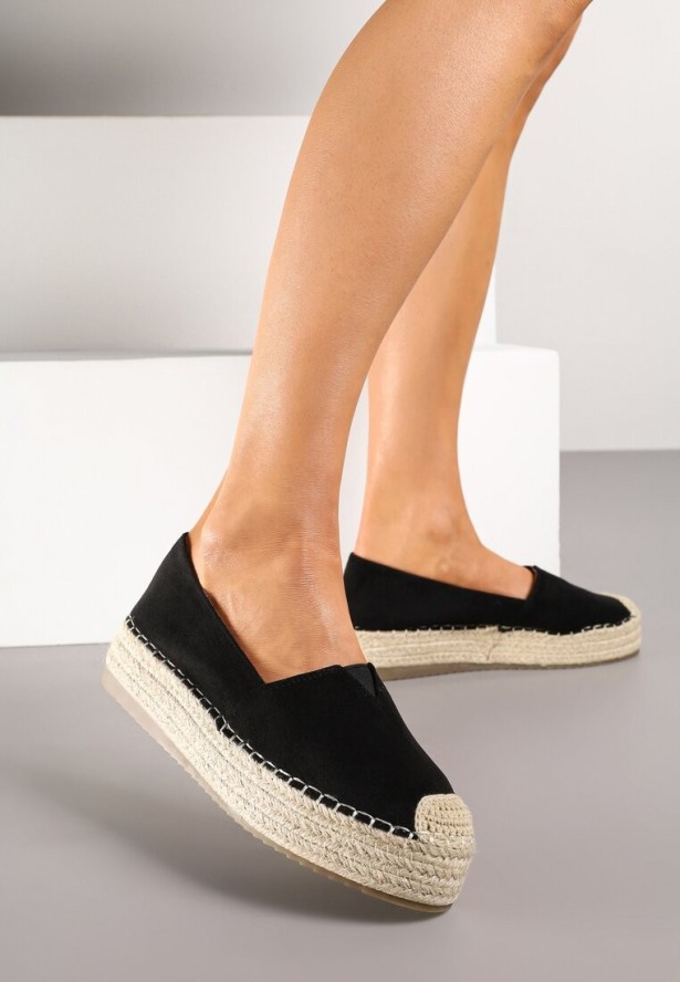Czarne Espadryle na Plecionej Podeszwie z Ozdobnymi Noskami Litherise