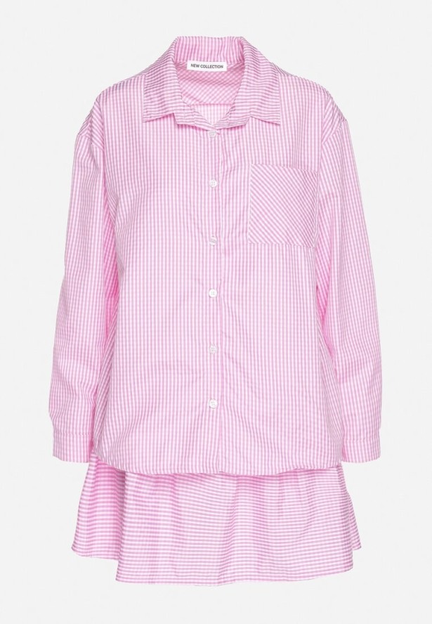 Różowy Komplet Koszula i Rozkloszowana Spódnica Novarene
