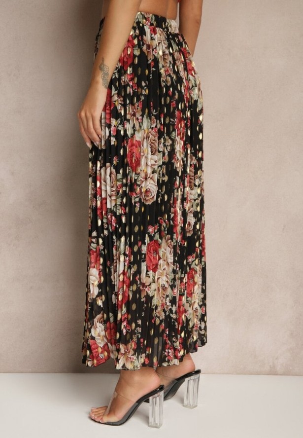 Czarna Rozkloszowana Spódnica z Plisami w Kwiatowy Wzór z Metalicznym Nadrukiem Follenna
