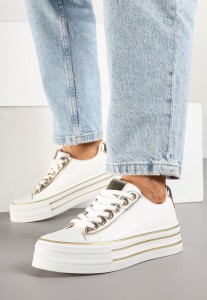 Biało-Złote Casualowe Trampki na Grubej Podeszwie Peliren