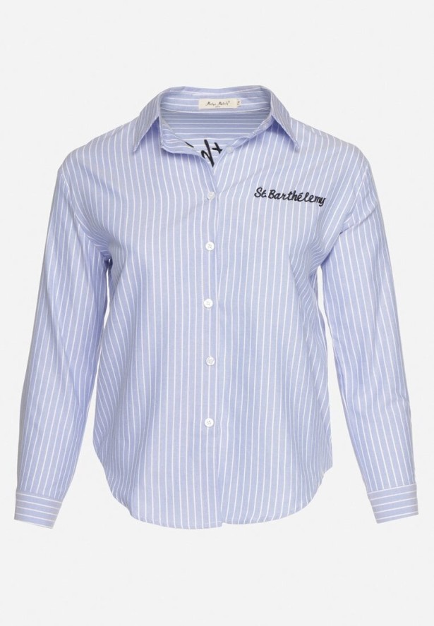 Jasnoniebieska Koszula w Paski Zdobiona Haftem Denelle